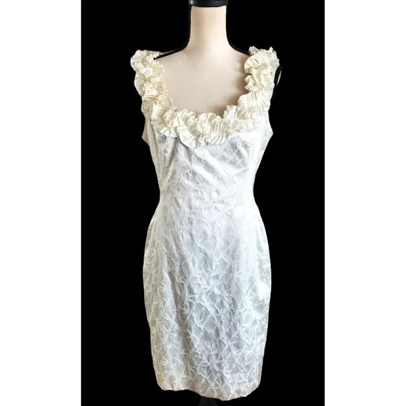 Maggy London | Dresses | Maggy London Ivory Cream Brocade Ruched Ruffle  Strap Sheath Evening Dress Sz 2 | Poshmark